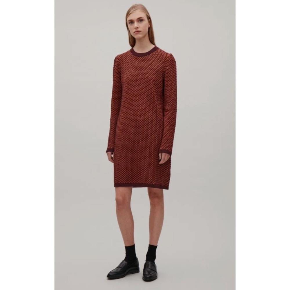 COS Honeycomb Jacquard Cotton Sweater Dress Burgundy Orange XS Minimalist Fall